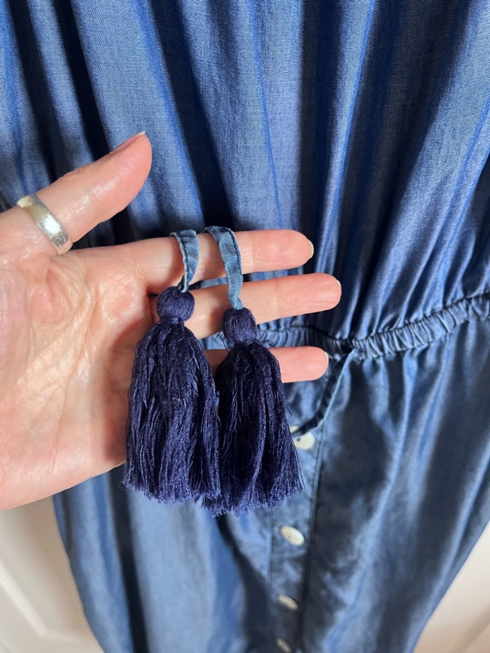 Tommy Bahama Off-Shoulder Ruffle Blue Midi Dress with Drawstring Waist - Picture 8 of 12